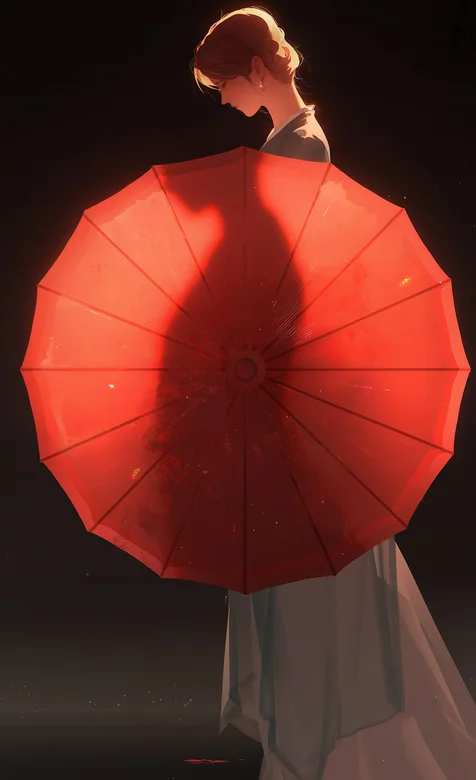 低头慢步行走，手拿一把红伞的古风汉服美女插画手机壁纸图片