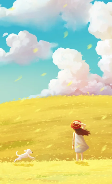 蓝天白云，金色山坡，戴着红帽子的小女孩和一只白色小狗唯美清新手机壁纸