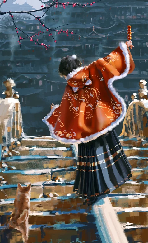 走在台阶上，手拿一串糖葫芦的古装女孩背影和她的小黄狗手机壁纸