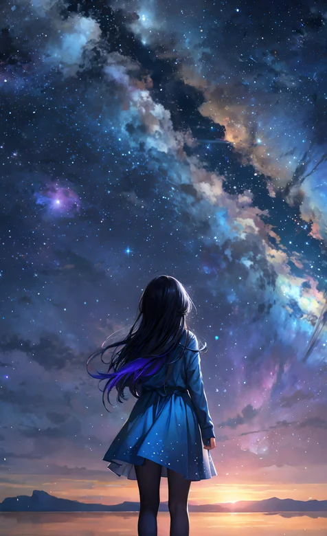 夕阳，星空，银河，穿着蓝色裙子的动漫女生背影和唯美星空手机壁纸图片