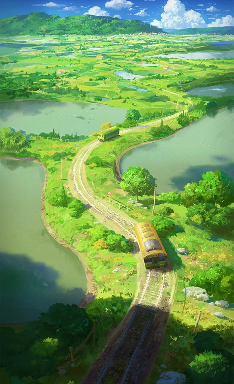 长长的铁路，轨道车，池塘，绿色树木，小清新纯绿色动漫手机壁纸图片
