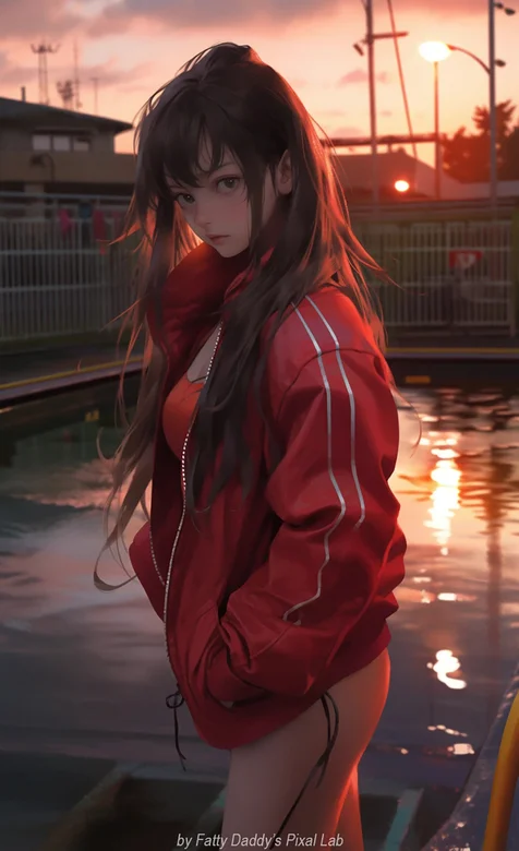 夕阳下，池塘边，穿着红色外套的丰满性感美腿美女好看手机壁纸图片