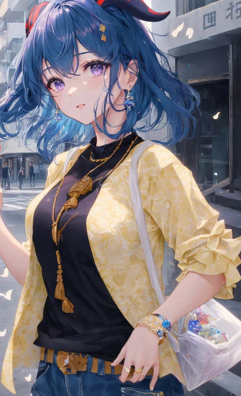 头上长角的甘雨化身现代少女黄衣牛仔单肩包青春时尚手机壁纸图片