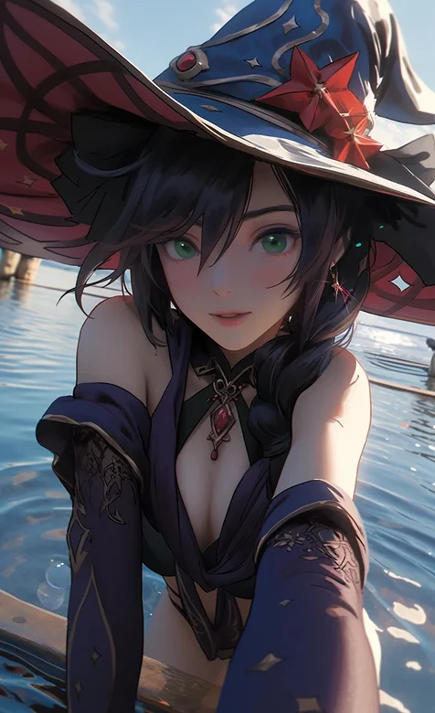 站在池塘水里，戴着魔法帽的性感低胸装AI动漫美女手机壁纸图片