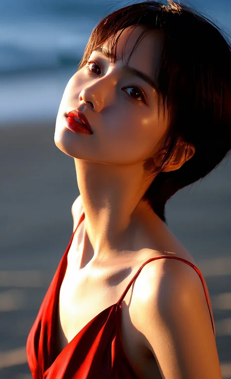 短发气质红唇美美女性感红色吊带裙侧颜写真手机壁纸图片