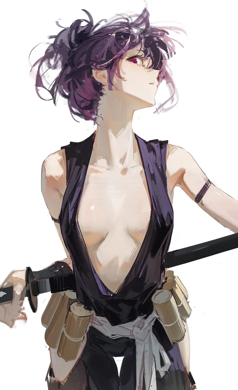 腰挎武士刀的性感短发翘臀袒胸背带裤动漫女手机壁纸图片