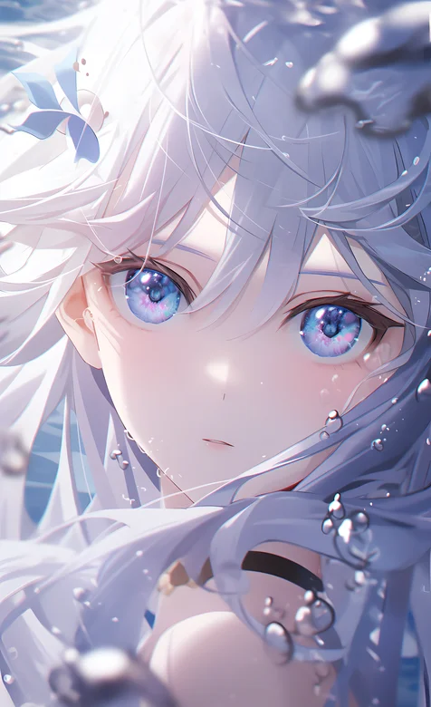 在水中的蓝眼睛，白发，大眼动漫女生唯美手机壁纸图片