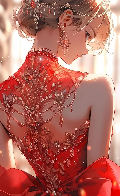 优雅动人性感动漫美女火红镂空裙装新娘子装超美背影美图手机壁纸