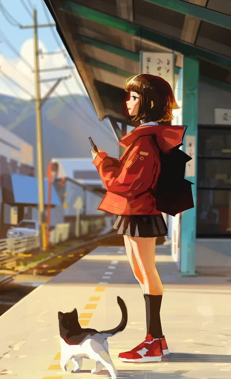 火车站台前等车的红衣短裙动漫女学生和一只小肥猫唯美手机壁纸图片