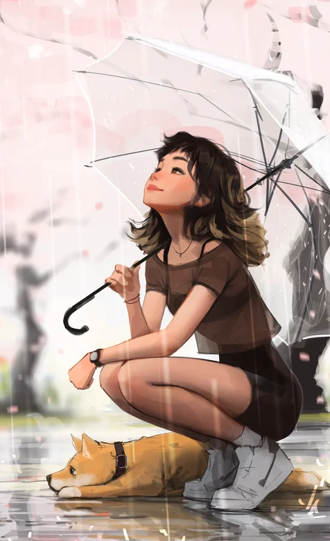 下雨天的少女，撑着把雨伞端在雨中的美少女插画和她的狗狗唯美桌面壁纸
