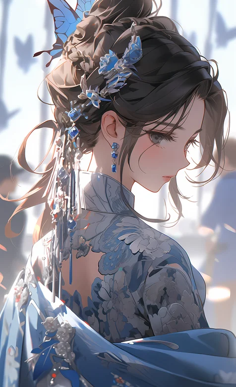 戴着蓝色头饰，蝴蝶头饰，身着蓝衣古装的超美动漫美女侧颜手机壁纸图片