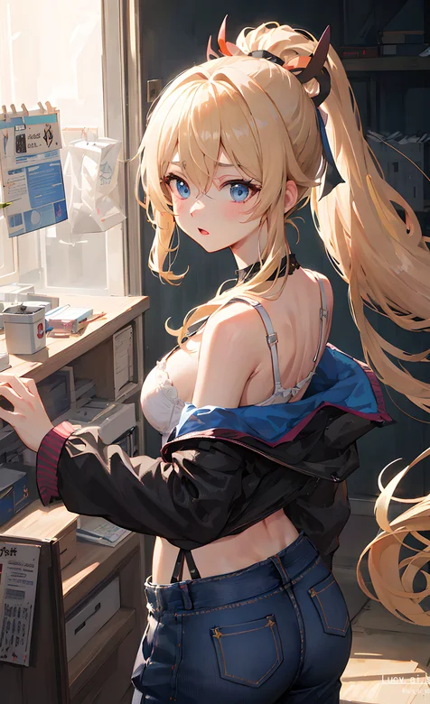 超长马尾辫动漫美少女紧身吊带内衣牛仔裤穿搭书房插画美图壁纸