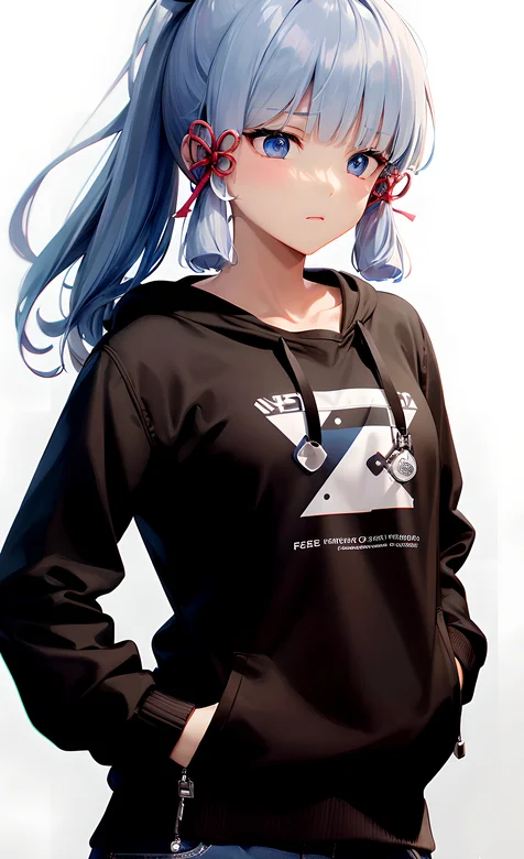 神里绫华AI美图，身着卫衣牛仔裤的神里绫华高清手机壁纸图片