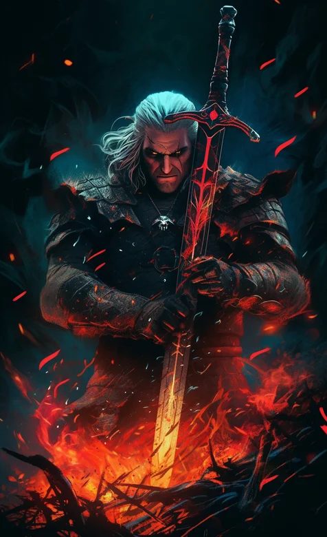 猎魔人杰洛特，在篝火中双手拿着长剑的杰洛特手机壁纸图片