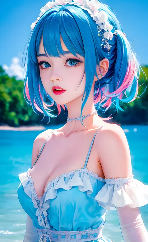 波光粼粼的海边，一头蓝色发型的性感AI吊带泳装美女高清手机壁纸图