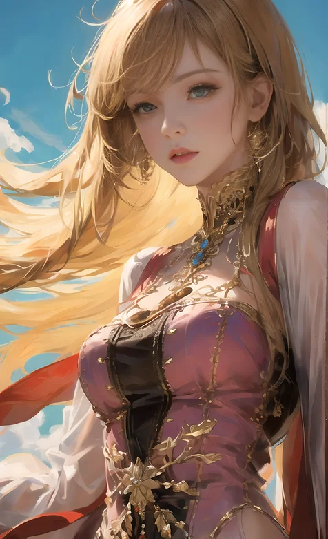 蓝色天空下，满身都是黄金挂饰配饰的紧身抹胸衣AI美女高清手机壁纸图片