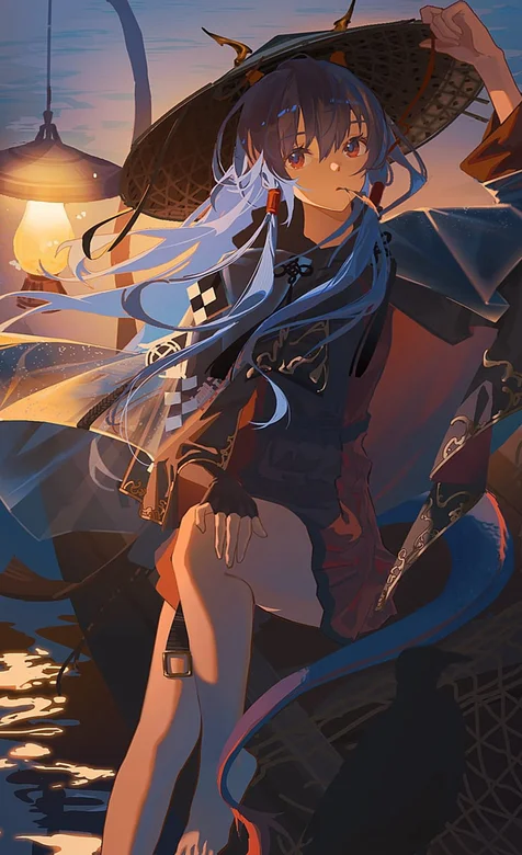 傍晚，湖中的小船 以及坐在船边，戴着斗笠，光着脚丫放在水里的二次元动漫少女手机壁纸