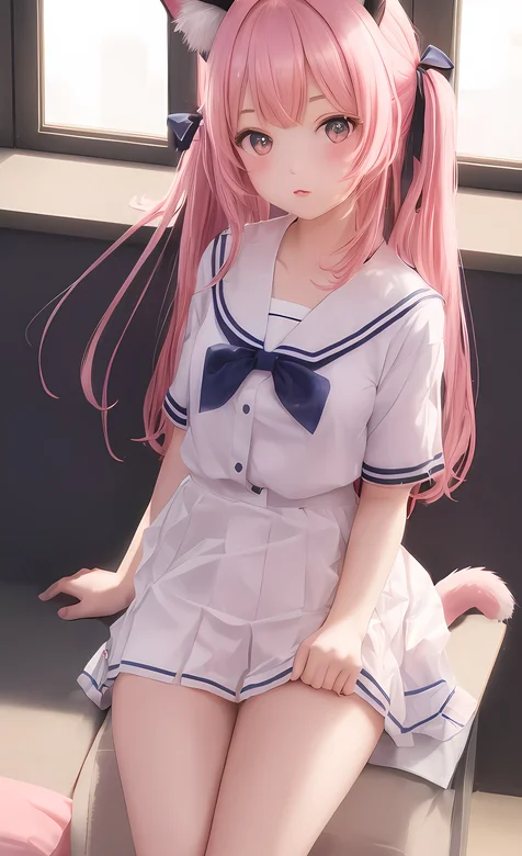 戴着狐狸耳朵发箍的二次元AI美少女白色水手制服短裙好看手机壁纸图片