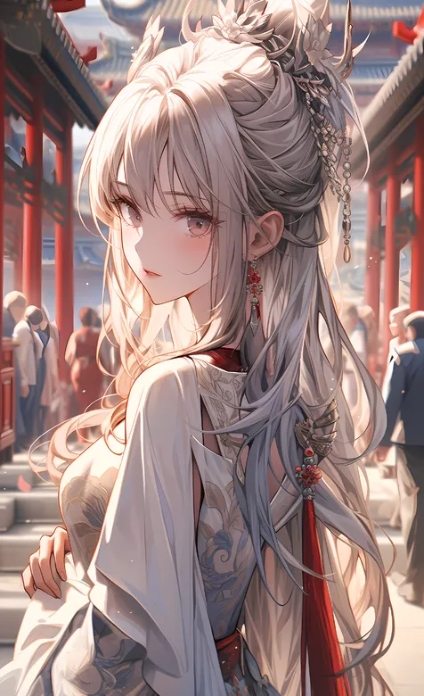 人来人往的热闹古街，一袭古风加各种头饰穿戴的古装AI美女高清手机壁纸图片