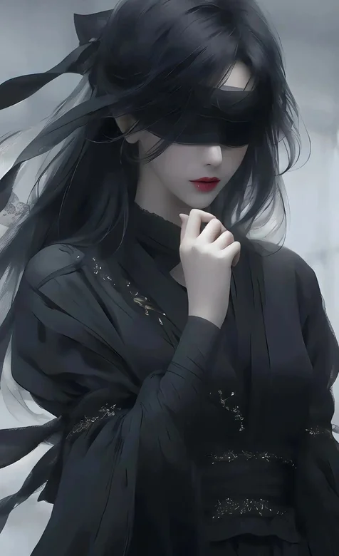 蒙着眼纱，身着黑裙，长发飘飘的酷飒AI美女高清手机壁纸图片