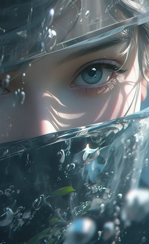 安静的看着你，水幕前，只露出蓝眼睛的AI美女高清近距离手机壁纸图片