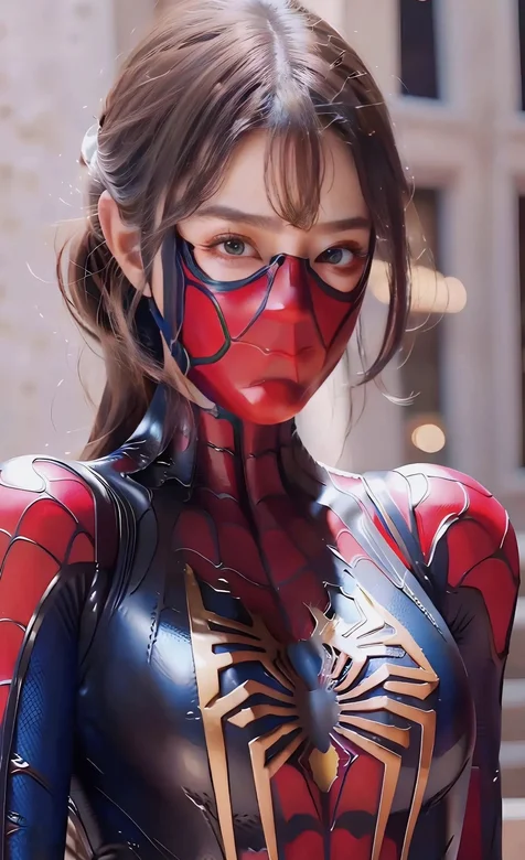 穿着紧身蜘蛛侠衣服和面罩的酷飒眼镜美女COS美图手机壁纸图片