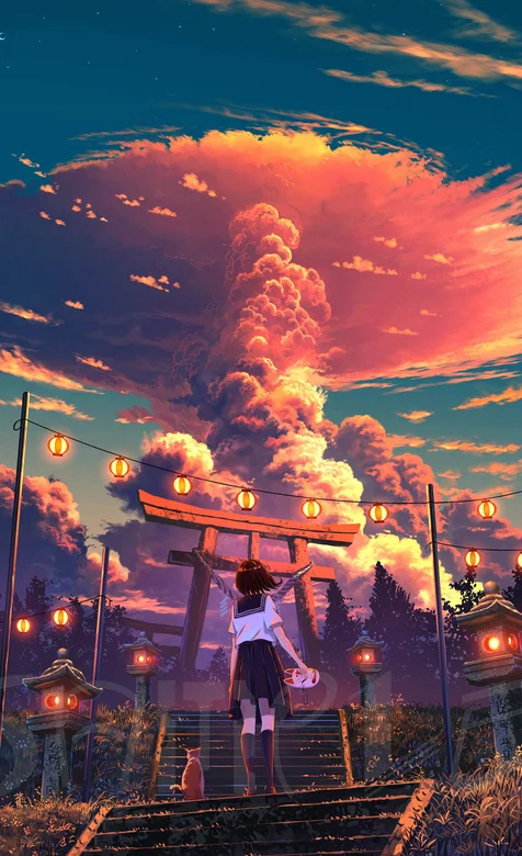 站着台阶上的学生制服短裙少女和一只猫背影，凝望着巨大的红色蘑菇云唯美手机壁纸图片