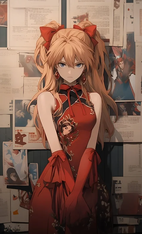 报刊墙前，穿着红色国风旗袍的双马尾二次动漫美女高清手机壁纸图片