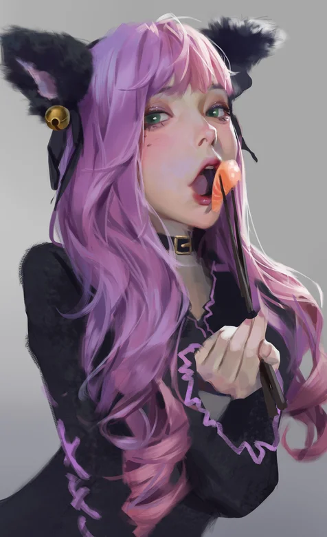 张着嘴巴，夹着生鱼片正往嘴里塞的紫发长发动漫美女手机壁纸图片