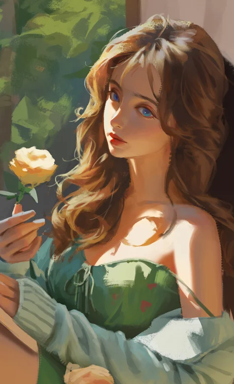 手拿一只黄玫瑰，坐在窗前的性感吊带裙动漫美女插画高清手机壁纸图片