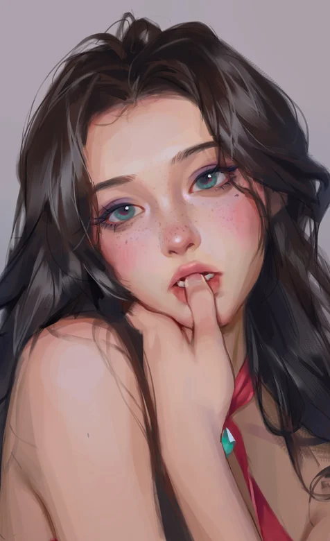 含着自己手指的漂亮长发雀斑AI美女个性手机壁纸图片