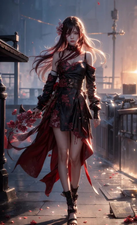 手拿一束鲜花，穿着性感霸气美艳吊带裙装走在街上国风AI动漫美女高清手机壁纸图片