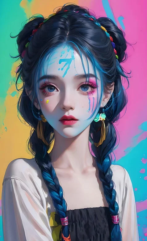 民族少女1，脸上沾满颜料，五官精致的双麻花辫AI美女好看手机壁纸图片