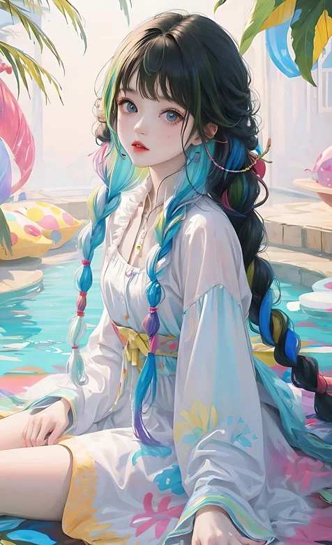 泳池少女，坐在泳池边的大麻花辫白裙清新养眼AI美少女手机壁纸图片