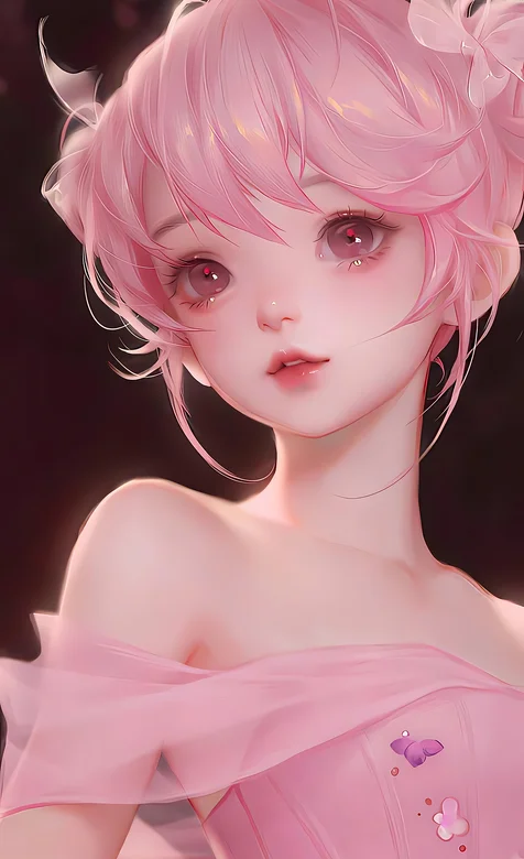 粉红小女孩，一头粉色发型搭配粉色公主裙的大眼睛AI美丽小女孩手机壁纸图片