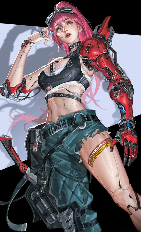 机械臂美女战士，短裤，运动内衣，红发美女战士手机壁纸图片