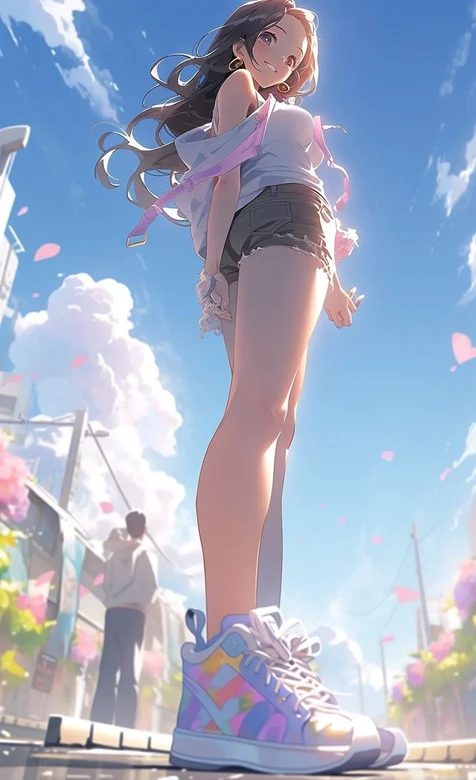 蓝天 白云，由下而上独特视觉里的运动鞋，短裤，长发美腿动漫少女插画手机壁纸图