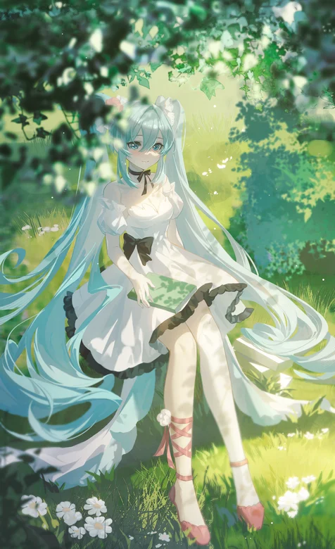 初音未来，坐在美丽花园，树上，草地上的初音未来小清新手机壁纸图片