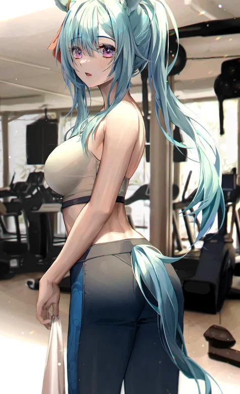 健身房美女，长发，狐狸耳朵，长尾巴，性感紧身运动装动漫美少女手机壁纸图片