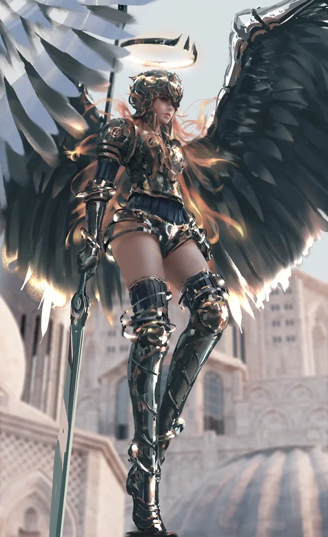 天使战士，手握长刀，单脚站立在独木桩上的黑色翅膀天使美女高清手机壁纸图片