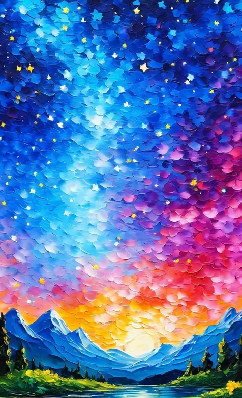 炫彩天空，绿色山林，蓝色湖水，山水油画手机壁纸图片