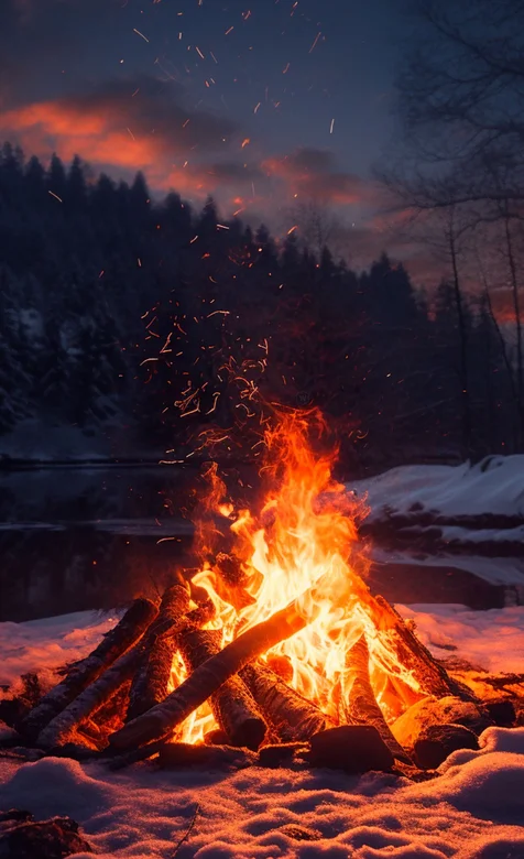 夜晚，雪山，雪地上，燃起的火堆唯美手机壁纸图片