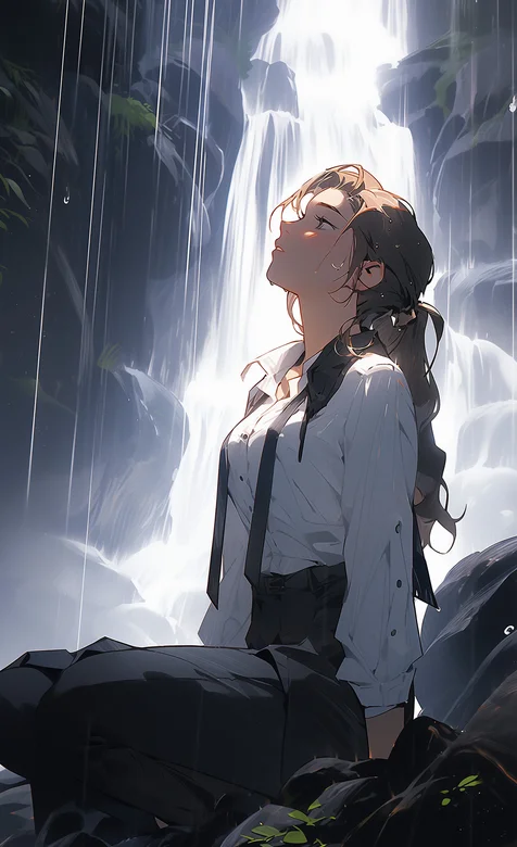 仰望天空，坐在瀑布前石头上的白衫黑裙AI湿身美女高清手机壁纸图片