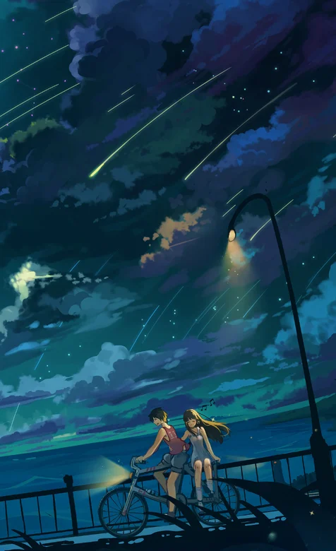 夜晚，流星，乌云，湖边，骑自行车，少男少女 动漫手机壁纸图片