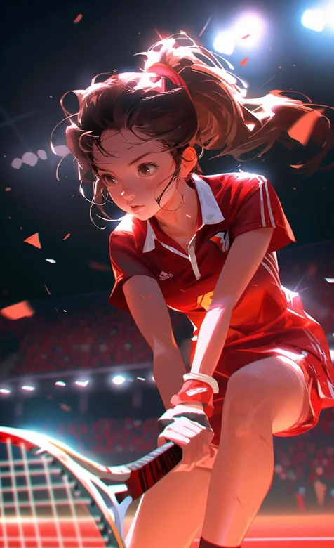 网球少女，打网球的红色运动装短裤AI动漫美少女球场手机壁纸图片