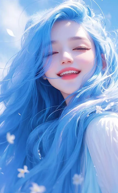 笑容灿烂，阳光美丽的蓝色长发AI美少女手机壁纸图片