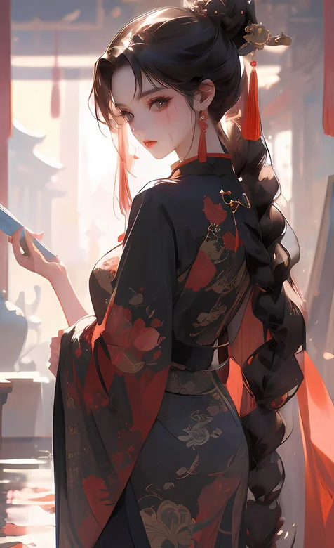 单手拿着书卷的狐狸古装美女麻花辫长发AI美少女手机壁纸图片