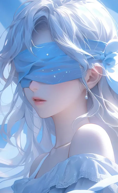 蒙着眼睛，长发飘逸，露肩裙装AI美少女唯美手机壁纸图片