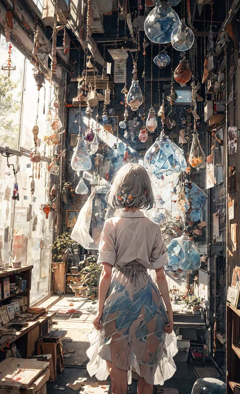 风铃，挂件，少女，短发，背影，房间，裙装动漫少女背影手机壁纸