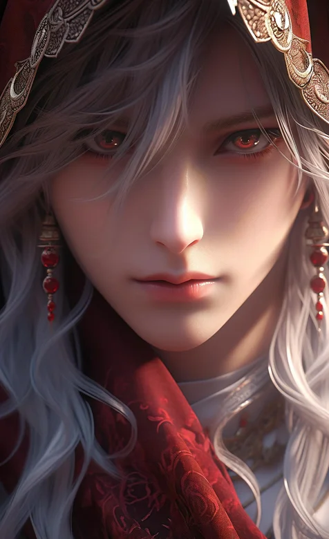 戴着耳坠，红色眼珠的古装红衣红帽AI美男手机壁纸图片